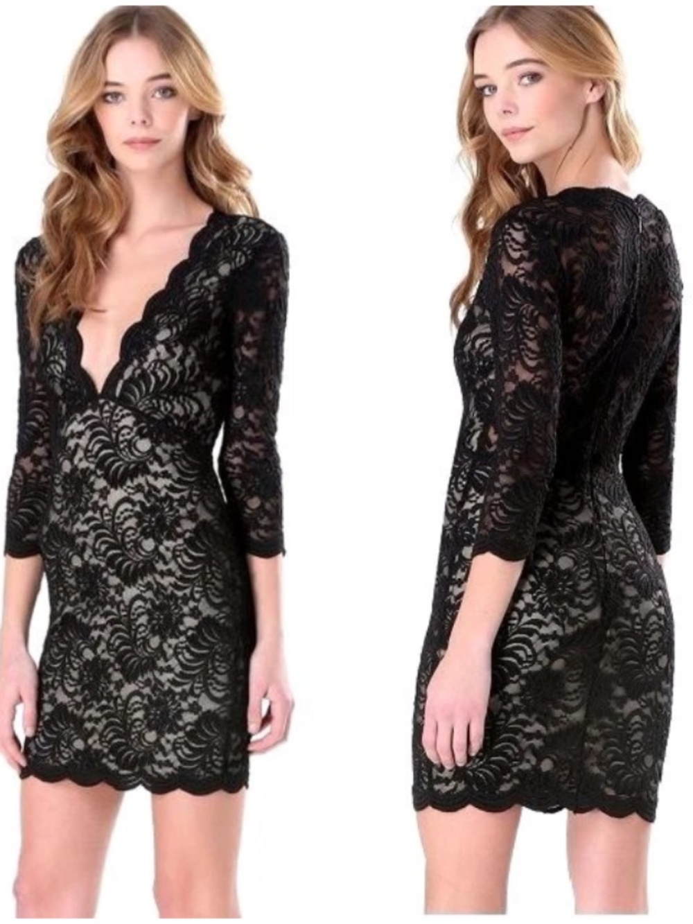 $160 New bebe black ivory lace overlay deep v neck scallop top dress XL X L